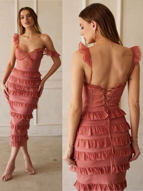 V. Chapman Fiorenza Fitted Corset Tiered Ruffle Midi Dress Dusty Cedar